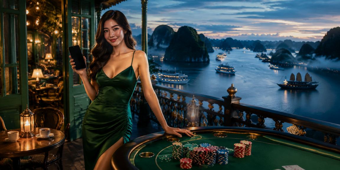 Người chơi bài trực tuyến tại Hạ Long Bay thư giãn với cà phê và điện thoại